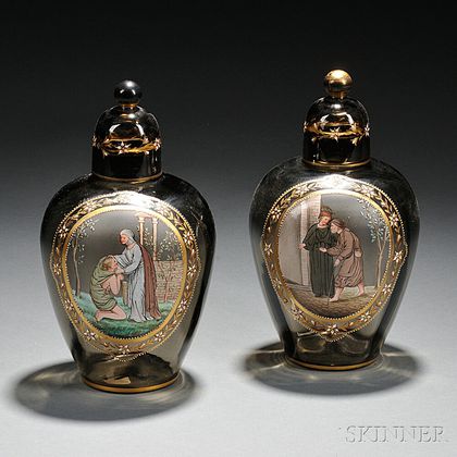 Pair of Moser-type Gilded and Enameled Gray Glass Urns and Covers