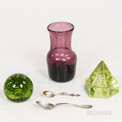 Three Pieces of Joe Serpa Modern Glass and Two Martha's Vineyard Souvenir Spoons