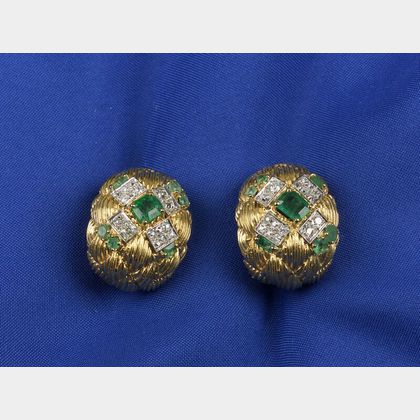 18kt Gold, Emerald, and Diamond Ear Clips