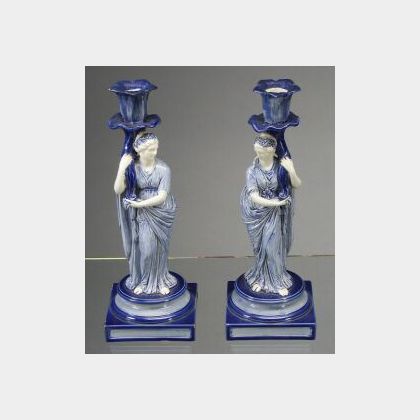 Pair of Wedgwood Queen&#39;s Ware Figural Candlesticks
