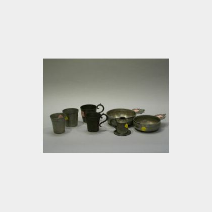 Seven Pewter Porringers, Cups, Mugs and Lamp. 