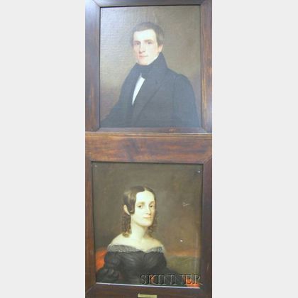 Pair of Framed Oil on Canvas Portraits of a Gentleman and Lady Attributed to Albert Gallatin Hort