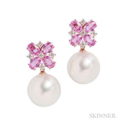 18kt Rose Gold, South Sea Pearl, and Pink Sapphire Earrings
