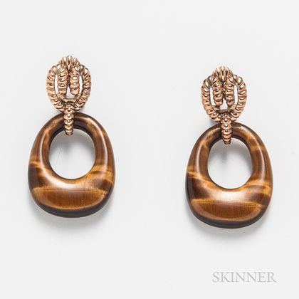 Pair of 14kt Gold and Tiger's-eye Earrings