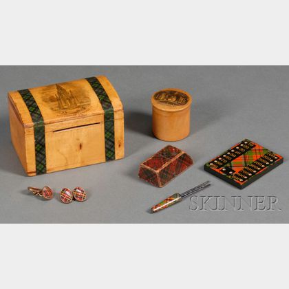 Six Tartanware Items and a Small Treen Souvenir Box