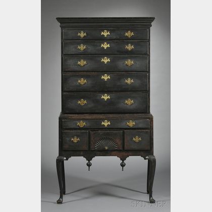Queen Anne Black-painted Carved Maple High Chest of Drawers