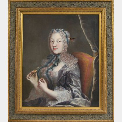 French School, 18th Century Elegant Young Woman Holding a Tatting Shuttle.