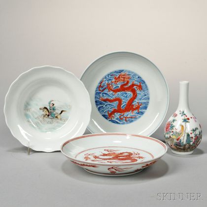 Three Famille Rose Dishes and a Cabinet Vase