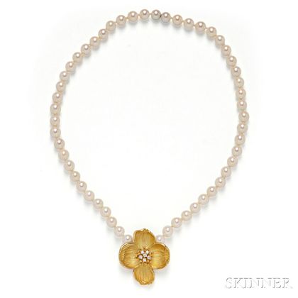 18kt Gold, Diamond, and Cultured Pearl Necklace