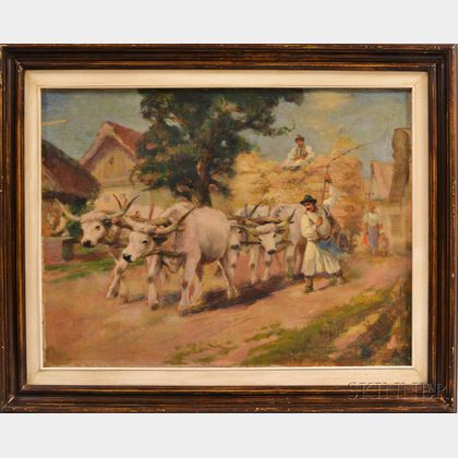 Hungarian School, 19th/20th Century Team of Oxen Pulling a Hay Wagon through a Village