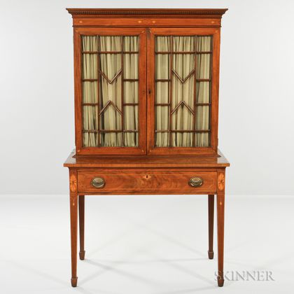 Federal Mahogany Inlaid Glazed Cabinet over Drawer
