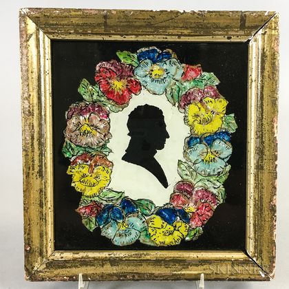 Framed Reverse-painted Silhouette of a Man with Floral Border