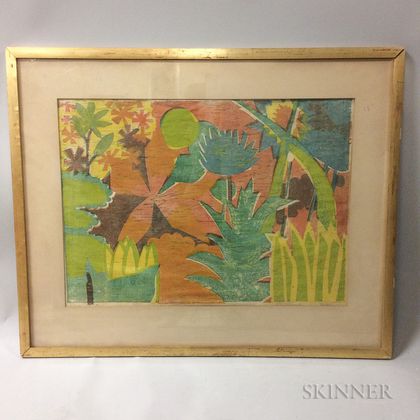 Framed Clay Hill Colored Woodcut Landscape