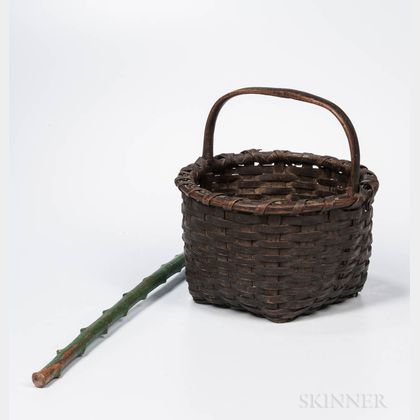 Gray/Green-painted Ash Splint Basket and Green-painted Walking Stick