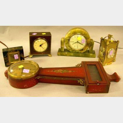 Four Decorative Desk and Table Clocks and a Small Sessions Red Painted Banjo Wall Clock