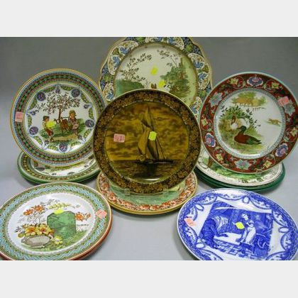 Thirteen Assorted Wedgwood Transfer and Hand-Colored Plates and a Charger. 