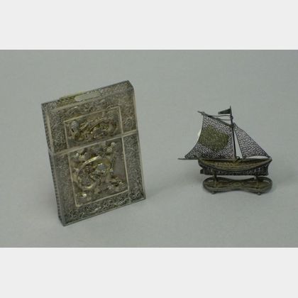 Asian Silver Filigree Card Case and a Miniature Silver Filigree Sail Boat Figural. 