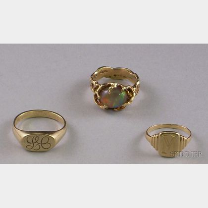 Modernist Lost Wax Cast Gold and Opal Ring and Two 14kt Gold Signet Rings. Estimate $400-600