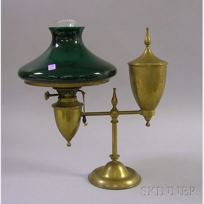 Bradley & Hubbard Brass Kerosene Student Lamp with Green Cased Glass Shade