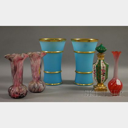 Five Art Glass Vases and a Porcelain Cologne Bottle