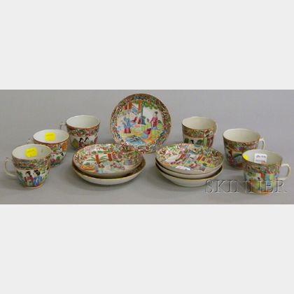 Six Chinese Export Porcelain Rose Mandarin Cups and Six Saucers. 