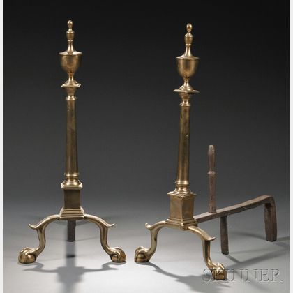 Pair of Federal Brass and Iron Urn-top Andirons