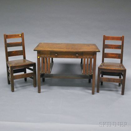 Arts & Crafts Oak Desk and Two "Quaint Furniture" Stickley Bros. Chairs. Estimate $200-300