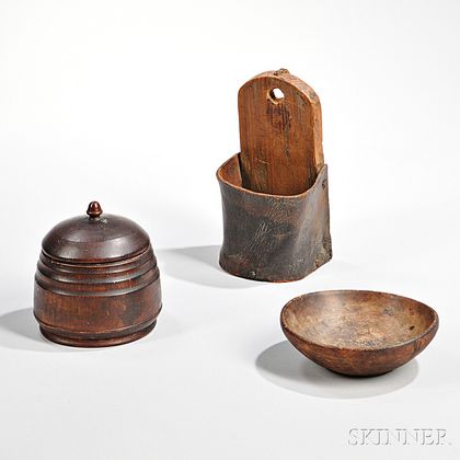 Leather and Pine Wall Pocket, Turned Covered Canister, and Small Turned Bowl