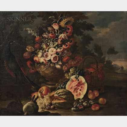 Attributed to Nicola Casissa (Italian, d. 1731) Two Elaborate Still Life Compositions with Flowers, Fruit, and Animals