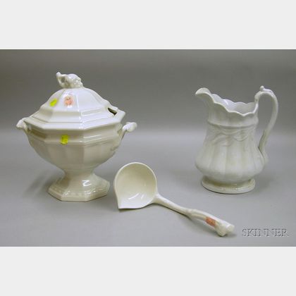 Covered Ironstone Tureen with Ladle and a Pitcher. 