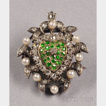 Antique Demantoid Garnet, Diamond, and Seed Pearl Pendant/Brooch