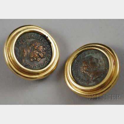 Pair of 14kt Gold-framed Antique Coin Earrings
