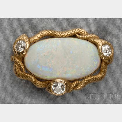 Antique 14kt Gold, Opal, and Diamond Brooch