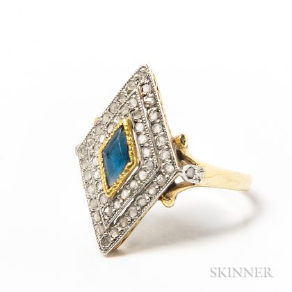 14kt Gold, Rose-cut Diamond, and Sapphire Ring