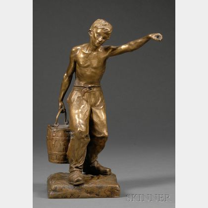 Edward Drouot (French, 1859-1945) Bronze Figure of a Man Carrying a Bucket of Water
