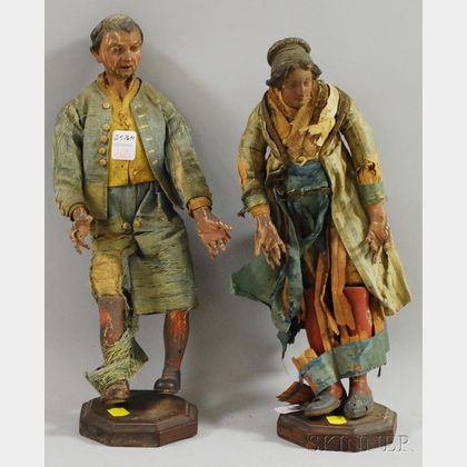 Two Italian Painted Ceramic and Carved Wood Costumed Creche Figures