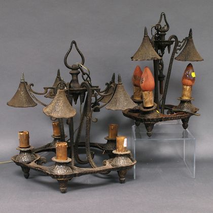 Two Arts & Crafts Cast Iron Hanging Ceiling Light Fixtures