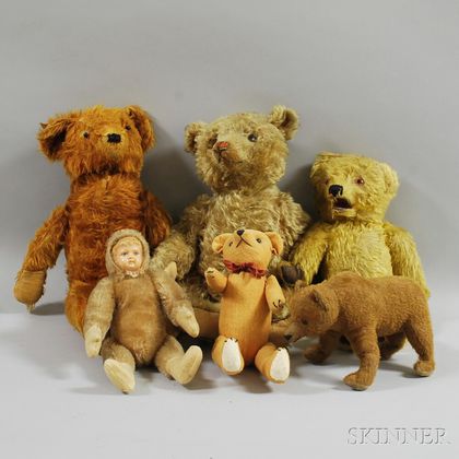 Six Vintage Mohair Teddy Bears and Toys