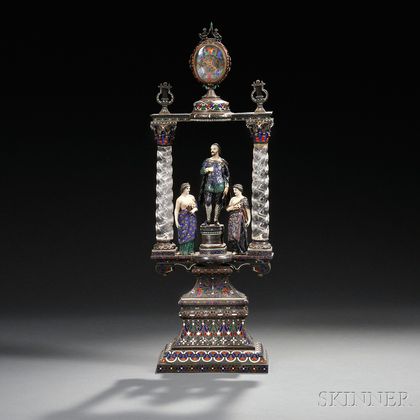 Silver, Enamel, and Rock Crystal Figural Architectural Clock