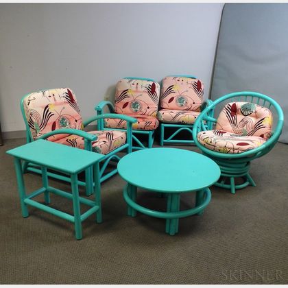 Six Pieces of Turquoise-painted Furniture. Estimate $20-200