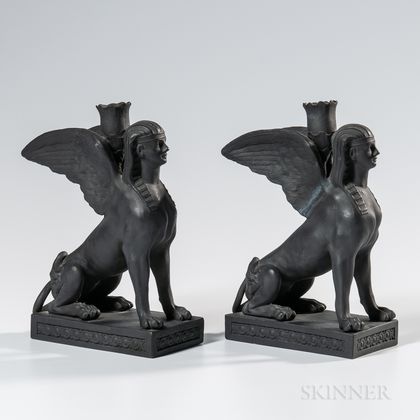 Pair of Wedgwood Black Basalt Sphinx Candlesticks