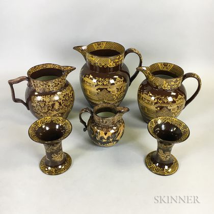 Six Pieces of Staffordshire Brown and Yellow Transfer-decorated Tableware