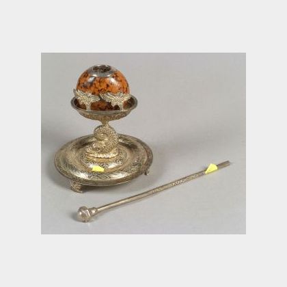Renaissance-style Silver Plate and Specimen Wood Mounted Inkstand