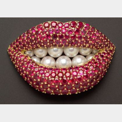 18kt Gold, Ruby, Cultured Pearl Lips Brooch, Henryk Kaston, designed by Dali