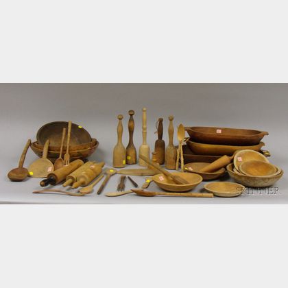 Large Group of Assorted Wooden Kitchen Utensils and Bowls