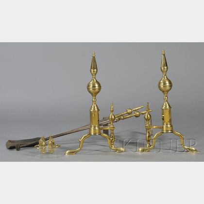 Pair of Brass and Iron Steeple-top Andirons and Two Matching Tools and Jamb Hooks