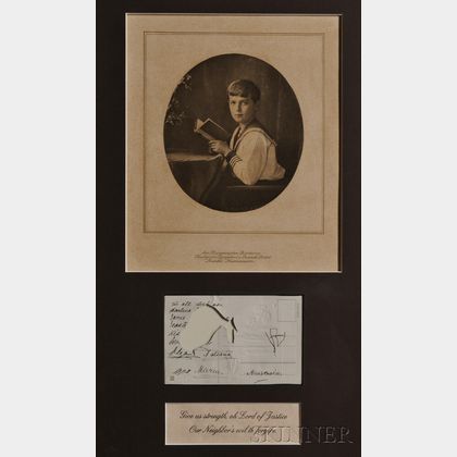 Autographed Postcard and with Three Framed Photogravures of Tsar Nicholas II's Child