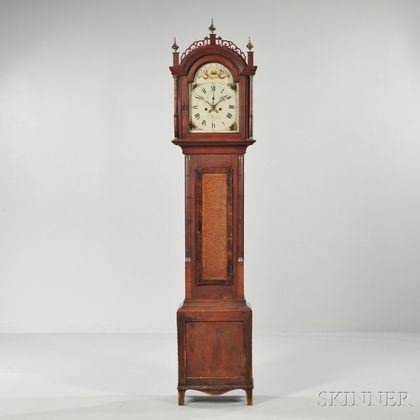 Red-stained Birch Bird's Eye Maple and Mahogany Veneer Tall Case Clock