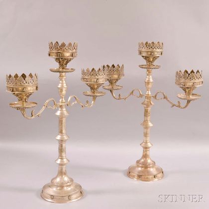 Pair of Ecclesiastical Silver-plated Two-light Candelabra