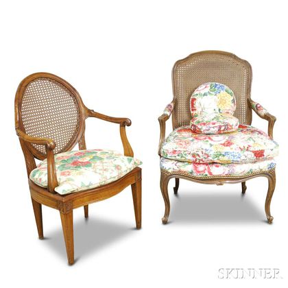 Two French Provincial-style Caned and Upholstered Carved Fruitwood Fauteuil